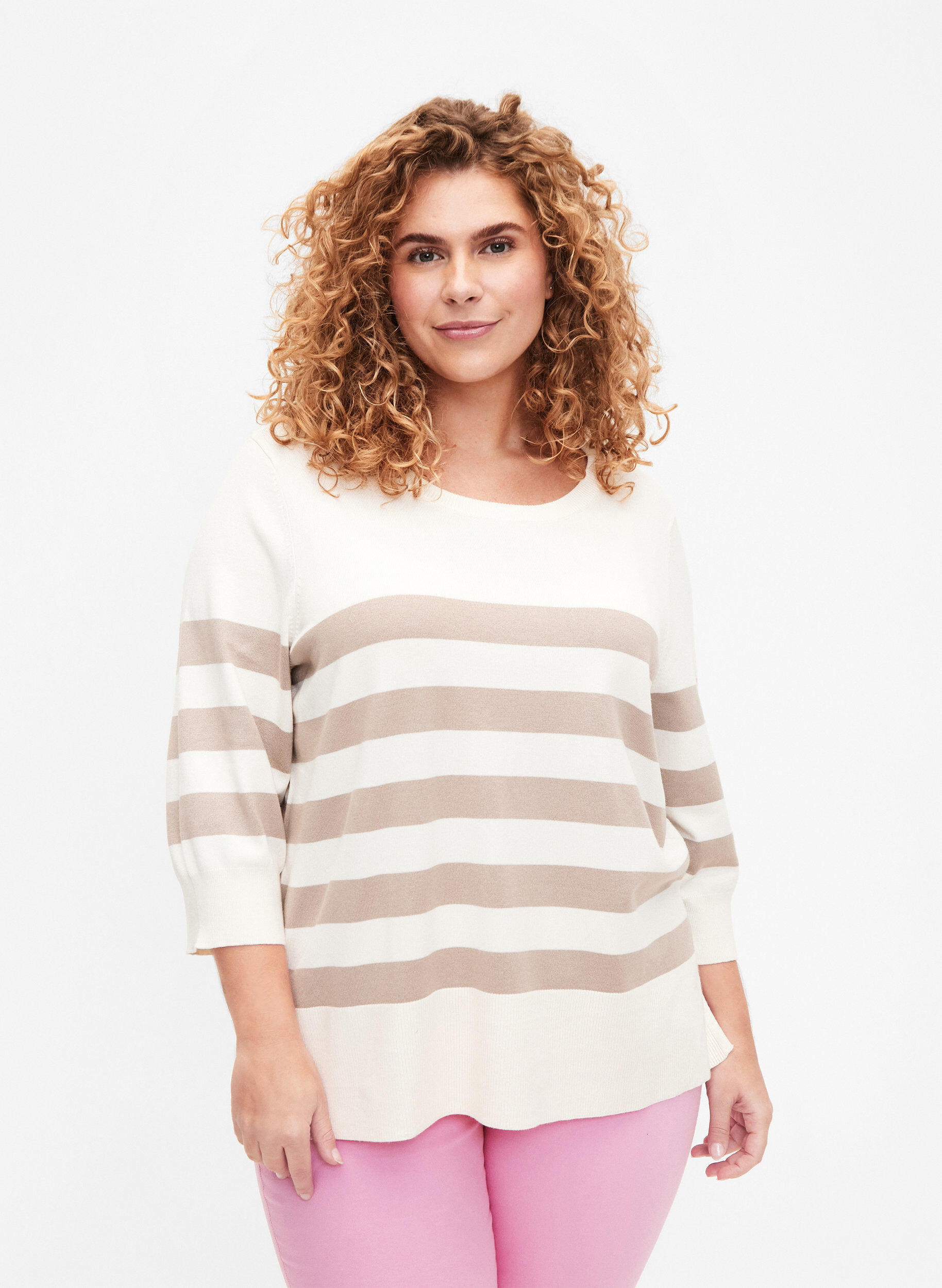 Zizzi Sweter z wiskozy w paski z rekawem 3/4, Birch/Simply Taupe, Model image number 0