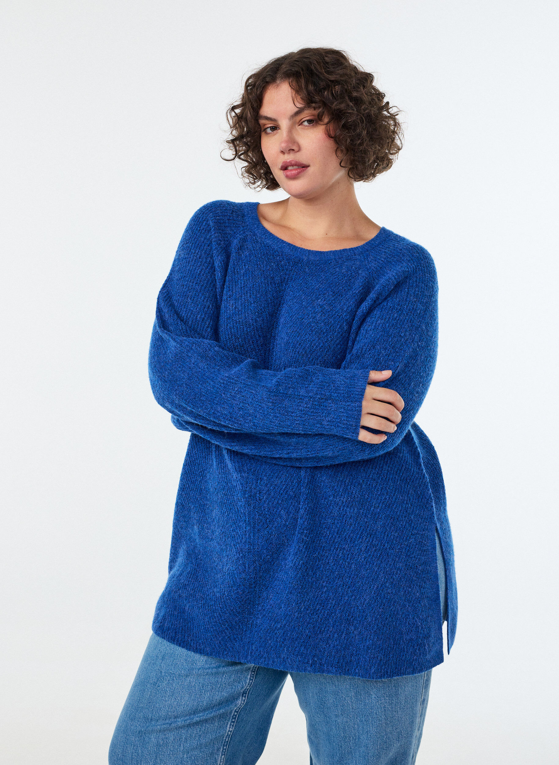 ZizziDzianinowy sweter ze skosnym wzorem i raglanowymi rekawami, Niebieskie, Model image number 0