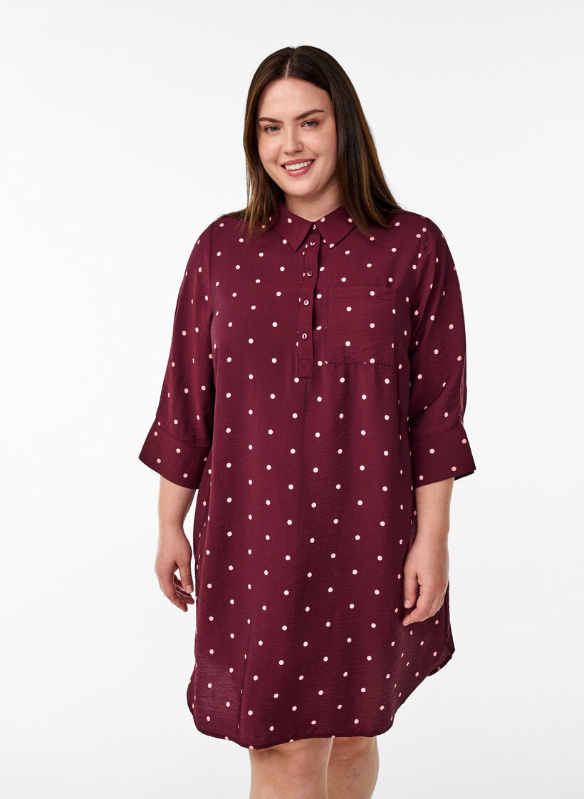 Krótka sukienka z kolnierzykiem i kieszenia na piersi, Czerwony, Model image number 0