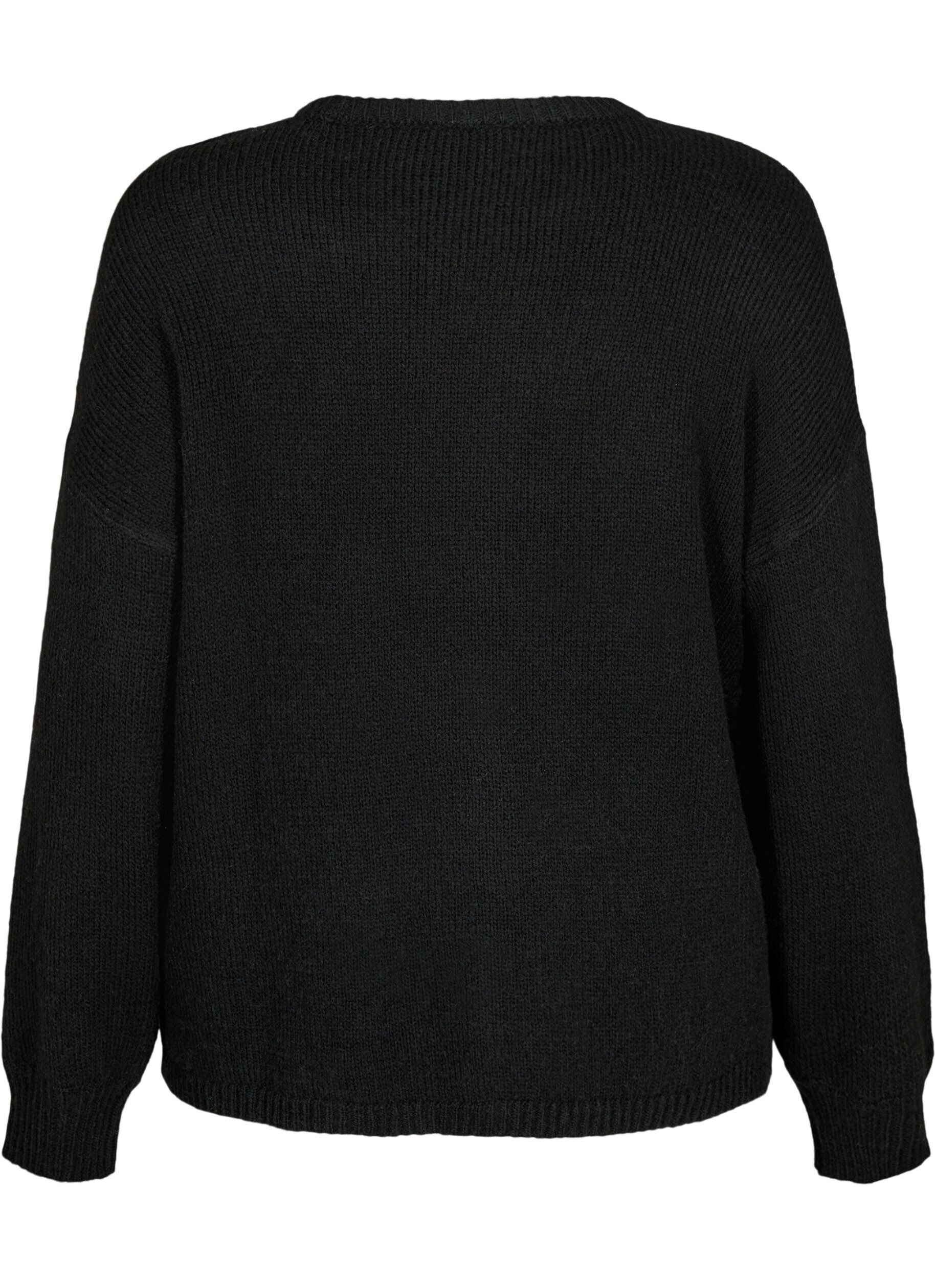 Zizzi Dzianinowy sweter z dodatkiem welny, z dlugim rekawem i okraglym dekoltem, Black Solid, Packshot image number 1