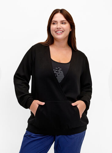 Bluza z dekoltem w szpic i kieszenia, Black, Model image number 0