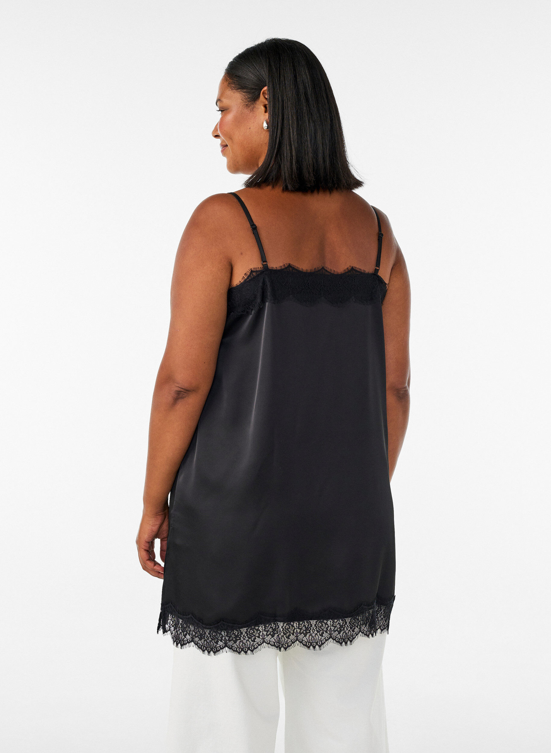 ZizziLong satin top with lace edges, Black, Model image number 2