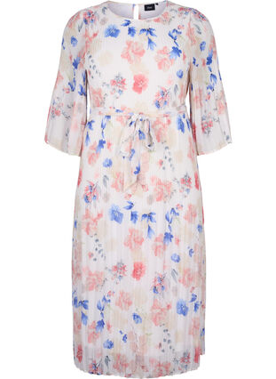 Kwiecista plisowana sukienka ze sznurkiem, White/Blue Floral, Packshot image number 0