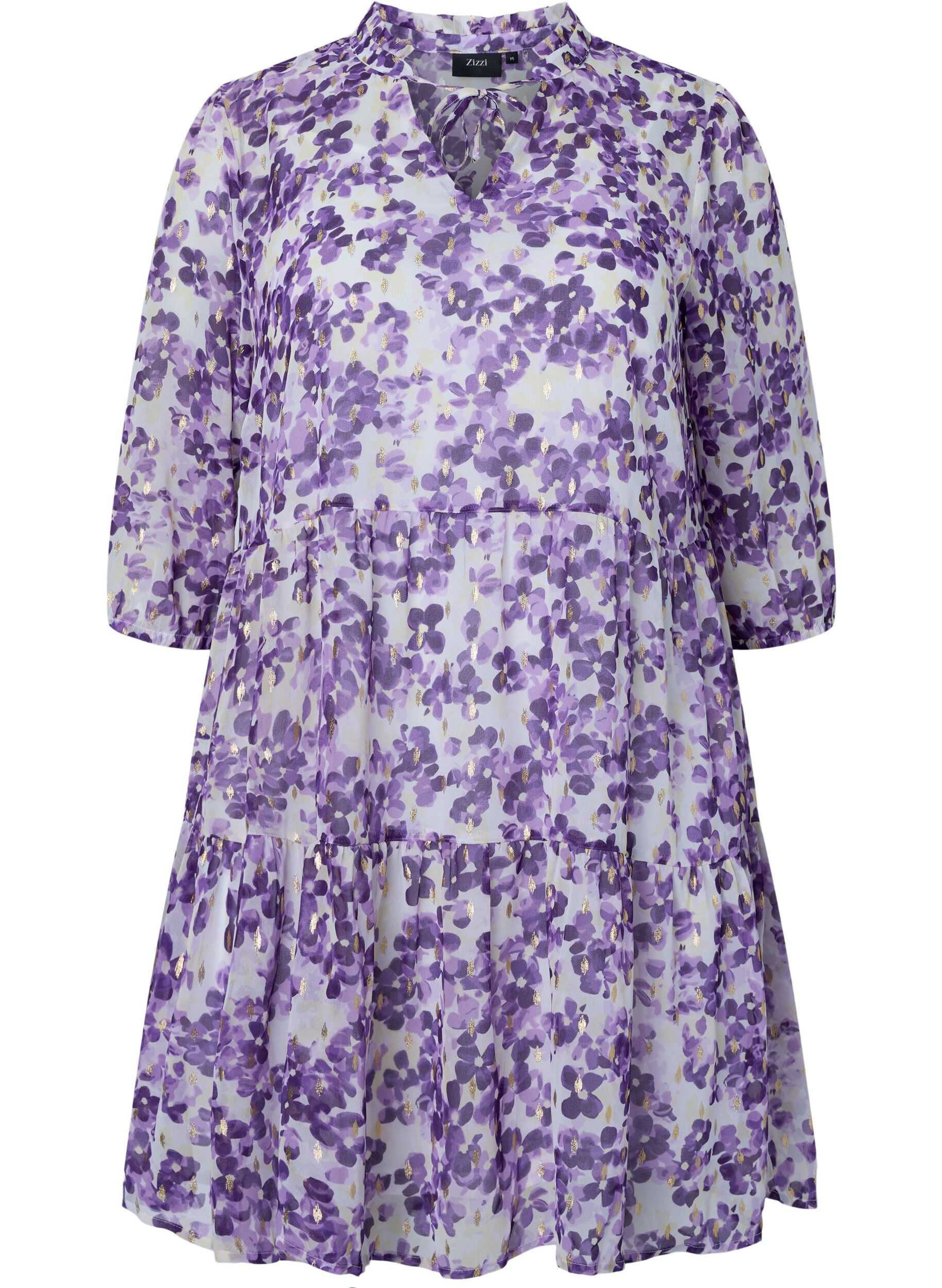 Zizzi Tunika z kwiatowym nadrukiem i lureksem, Beige/Purple Flower, Packshot image number 0
