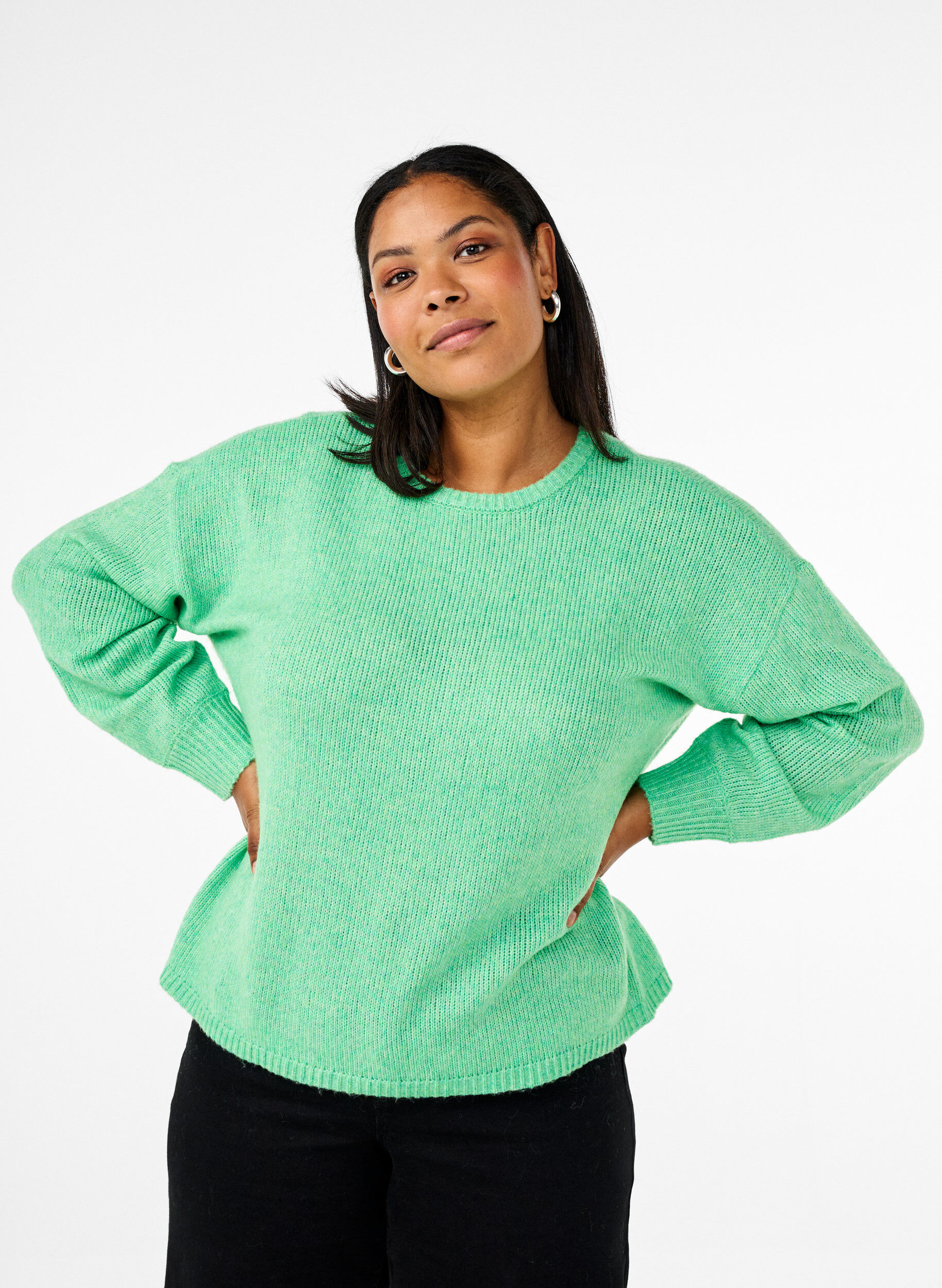 Zizzi Dzianinowy sweter z dodatkiem welny, z dlugim rekawem i okraglym dekoltem, Light G. Green Mel., Model image number 0