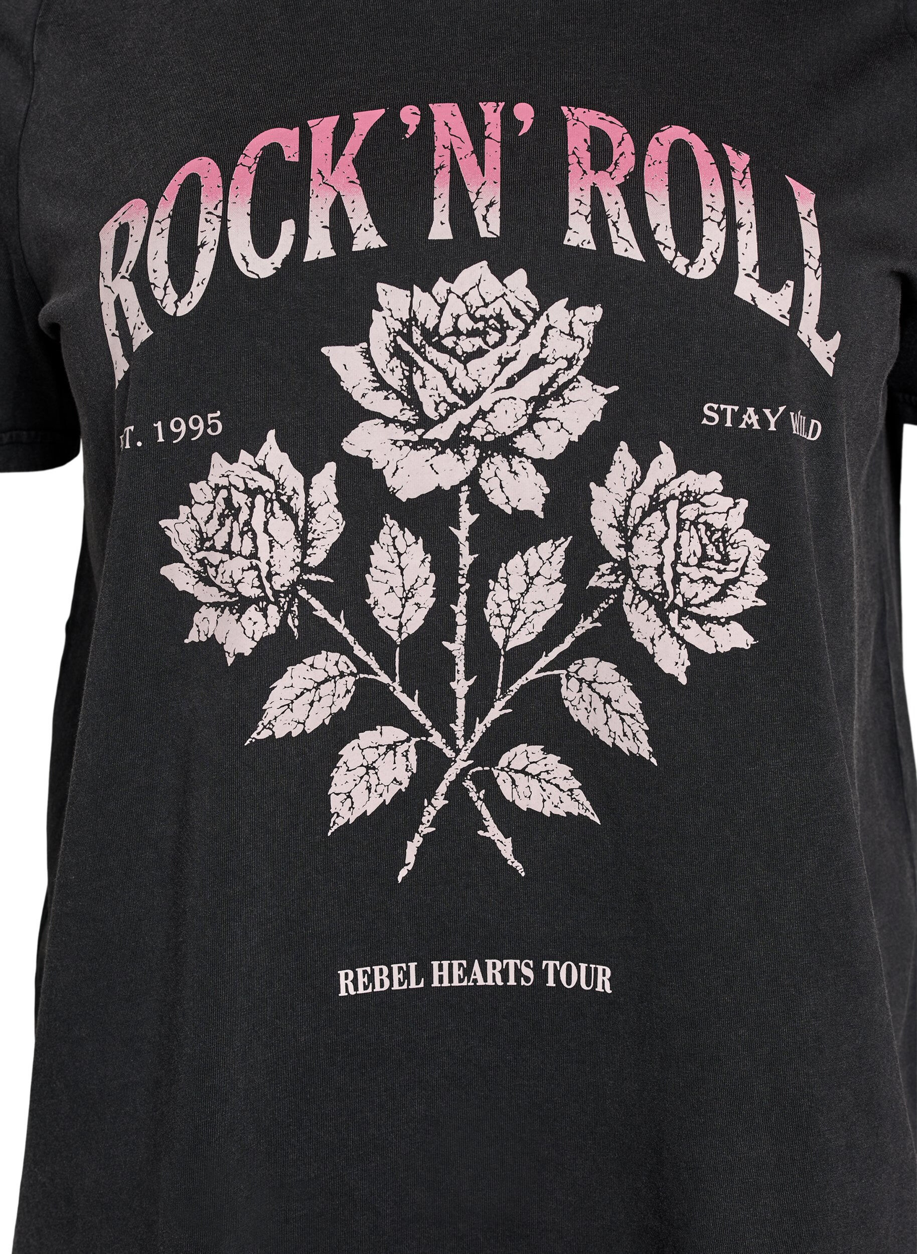 ZizziKoszulka z bawelny organicznej zdobiona rockowym nadrukiem, Czarne, Packshot image number 2