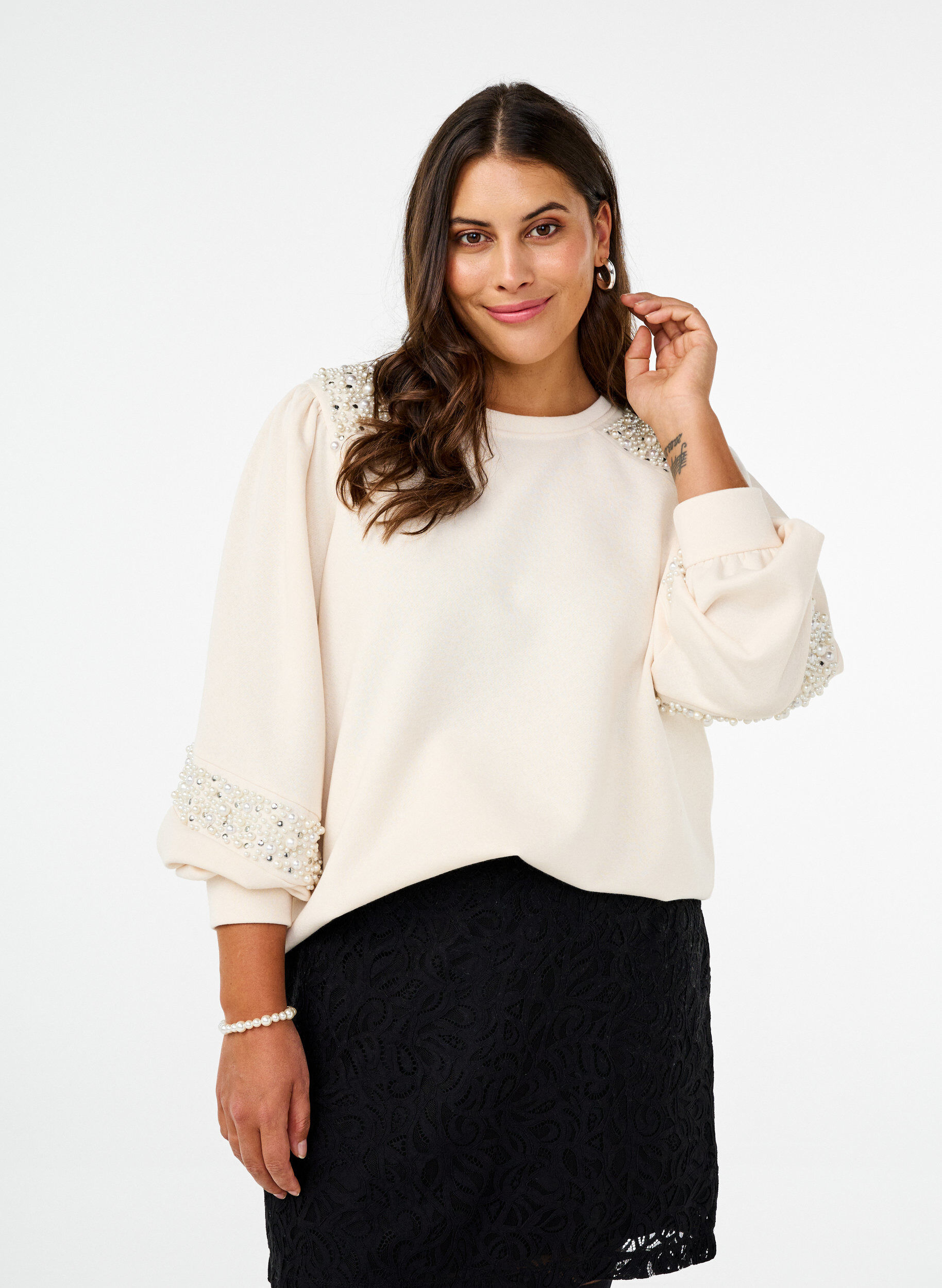 Zizzi Bluza z perlowymi detalami, Buttercream, Model image number 0