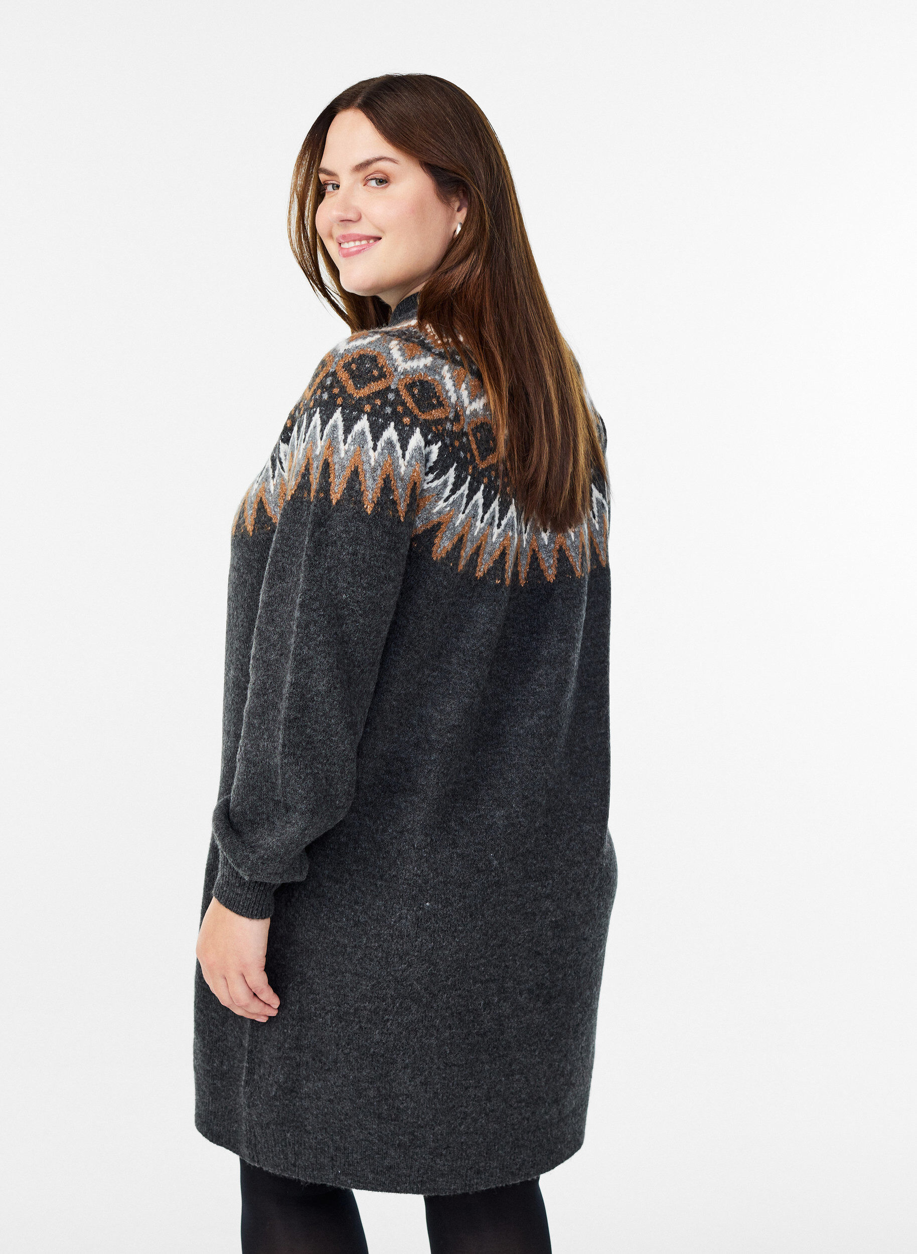 Zizzi Sukienka dzianinowa z wzorem zakardowym i rekawami balonowymi, Ciemnoszary, Model image number 2