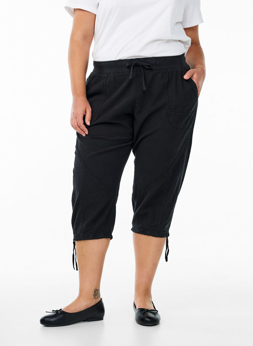 Bawelniane spodnie capri, Czarne, Model image number 2