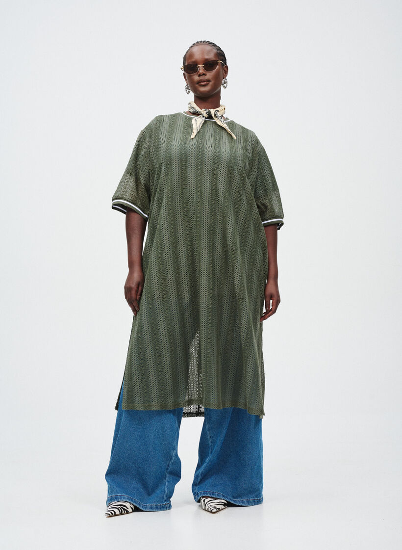 Sukienka midi z azurowym wzorem i krótkimi rekawami, Zielony, Image