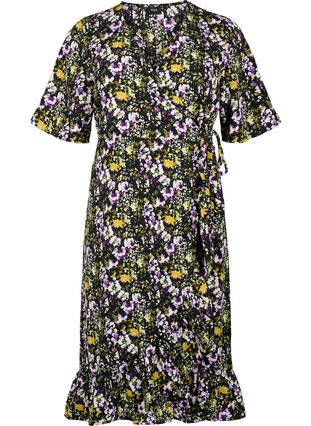 Sukienka kopertowa z nadrukiem z krótkim rekawem, Black S. Flower AOP, Packshot image number 0