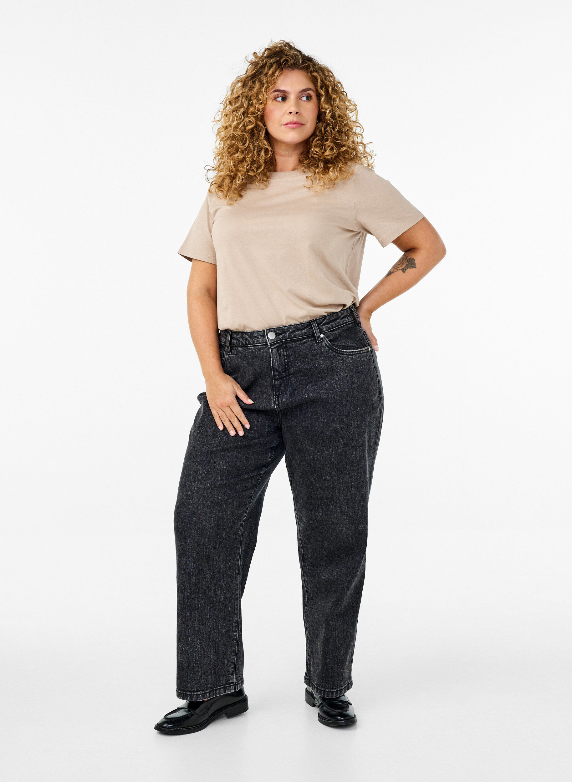 Zizzi Podstawowa koszulka bawelniana z okraglym dekoltem, Beżowy, Model image number 1