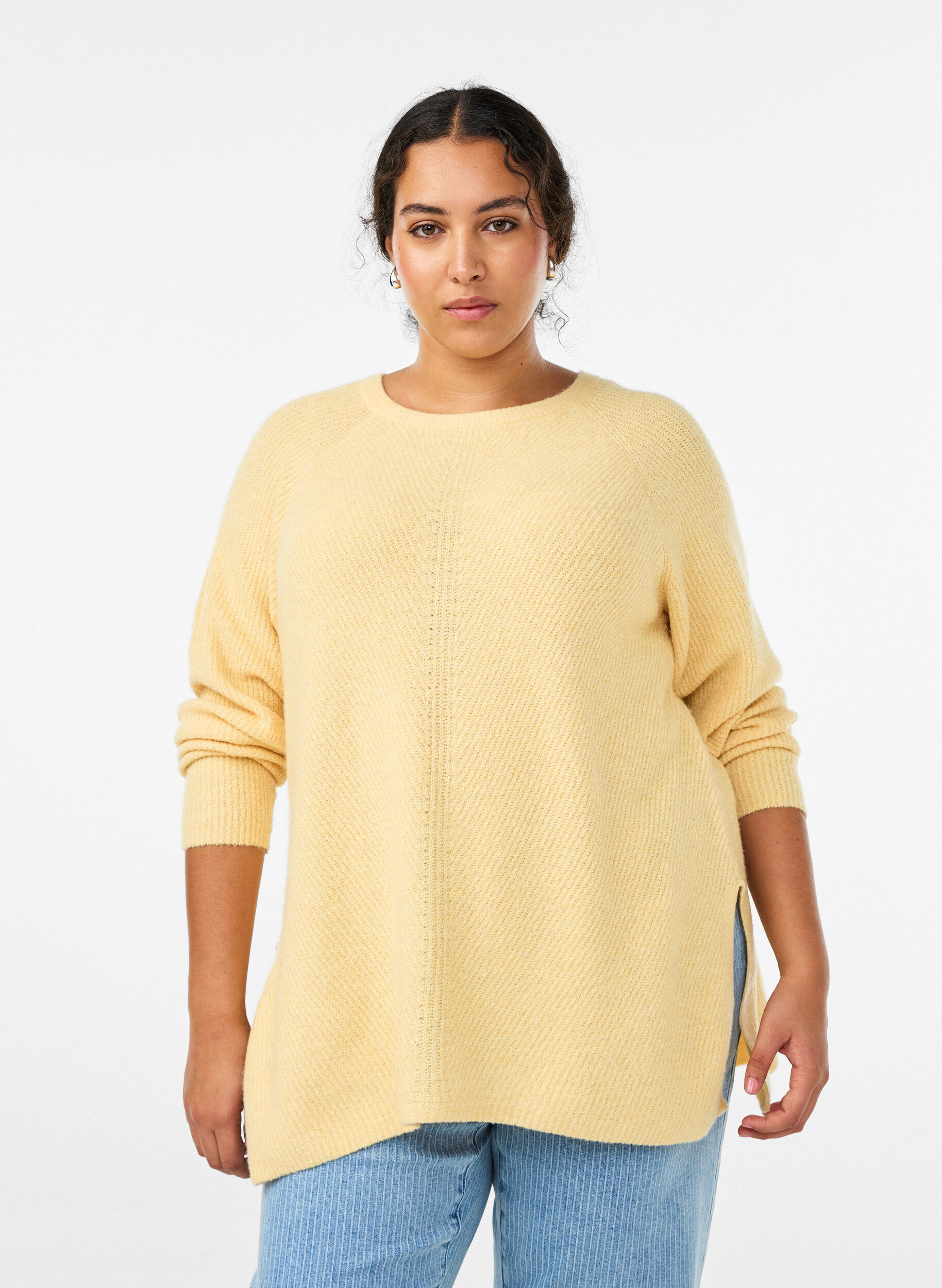 Sweter z dzianiny z ukosnym wzorem i rekawami raglanowymi, Ż&oacute;łty, Model