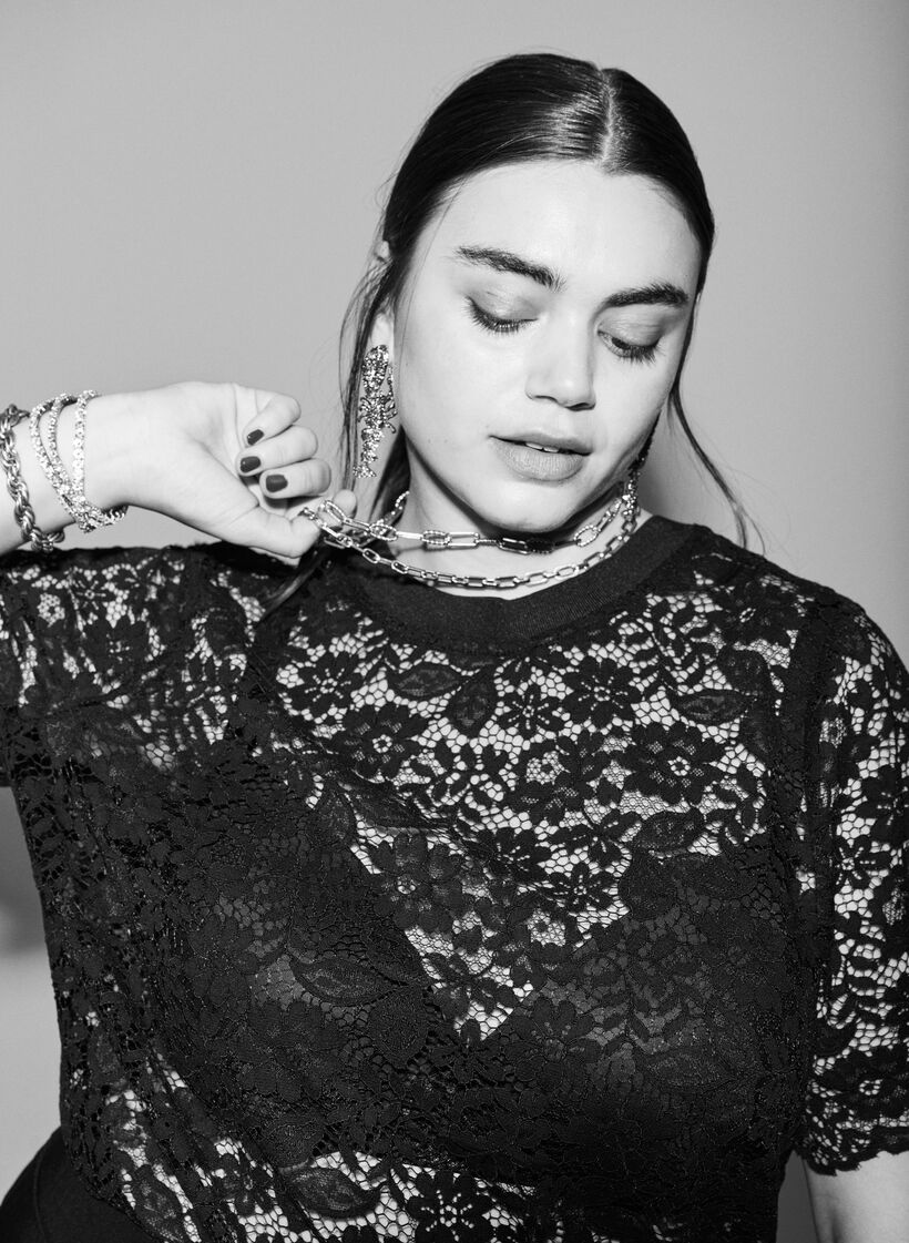 Koronkowa bluzka z krótkim rekawem i okraglym dekoltem, Czarne, Image