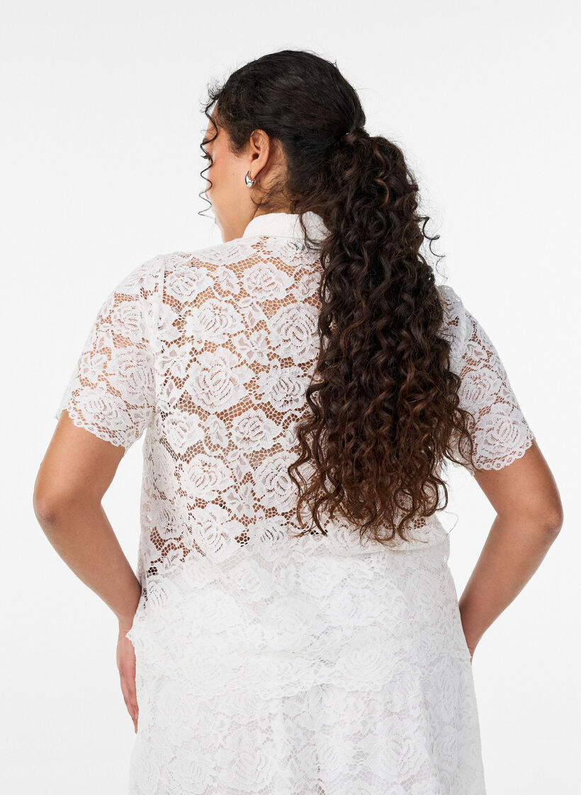 Koronkowa bluzka koszulowa z perlowymi guzikami, Biały, Model image number 2