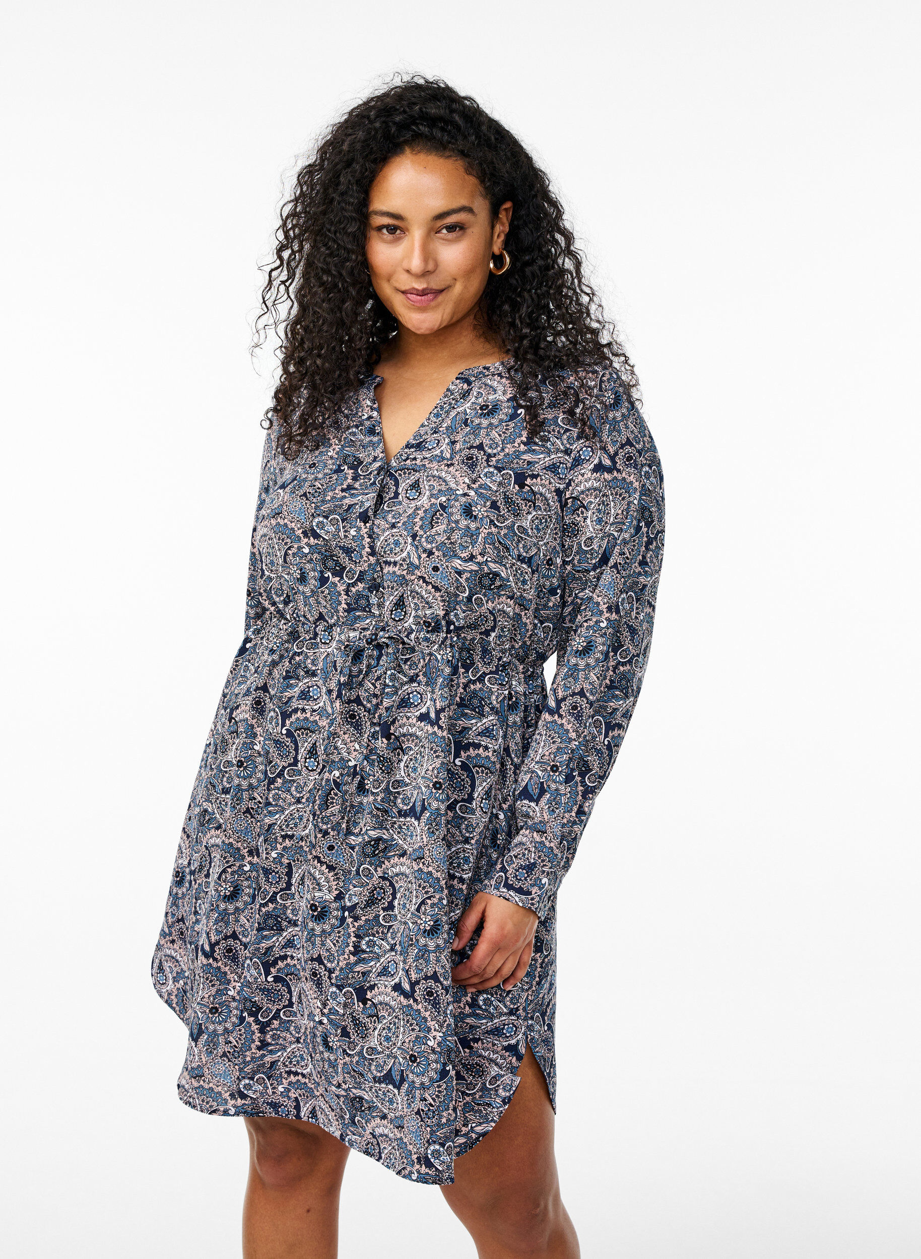 Zizzi Sukienka do kolan z wiazanym paskiem, Beżowy, Model image number 0