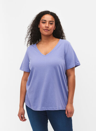 T-shirt z krótkim rekawem i dekoltem w szpic, Lavender Viloet, Model image number 0