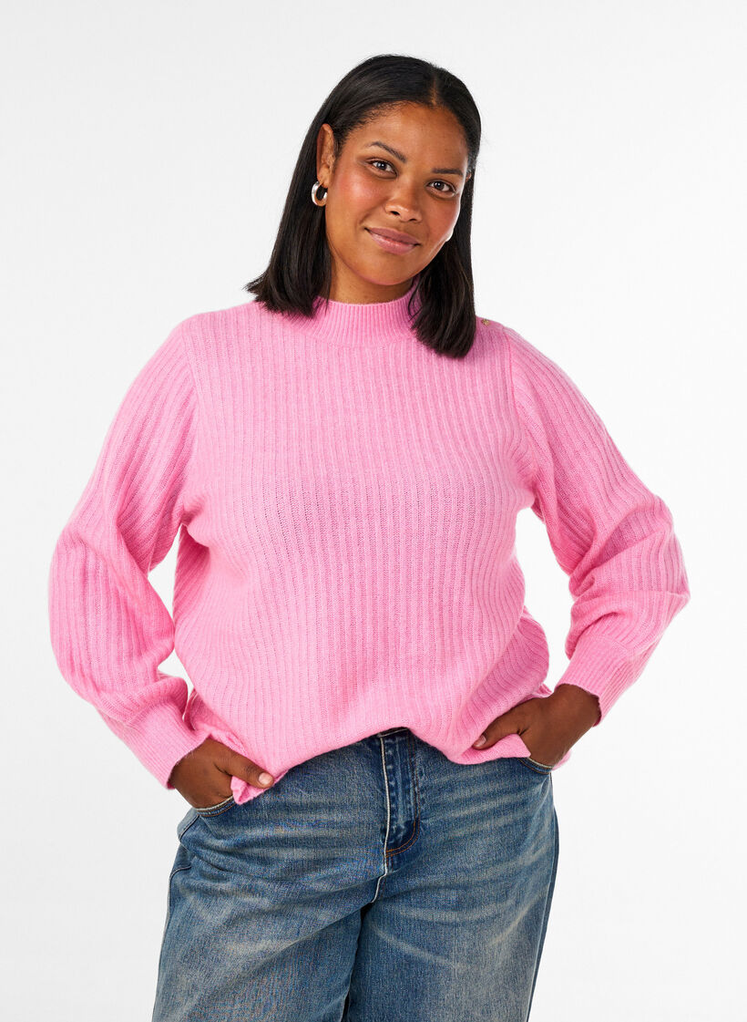 Prazkowany sweter z bufiastymi rekawami i guzikami, R&oacute;żowy, Model image number 0