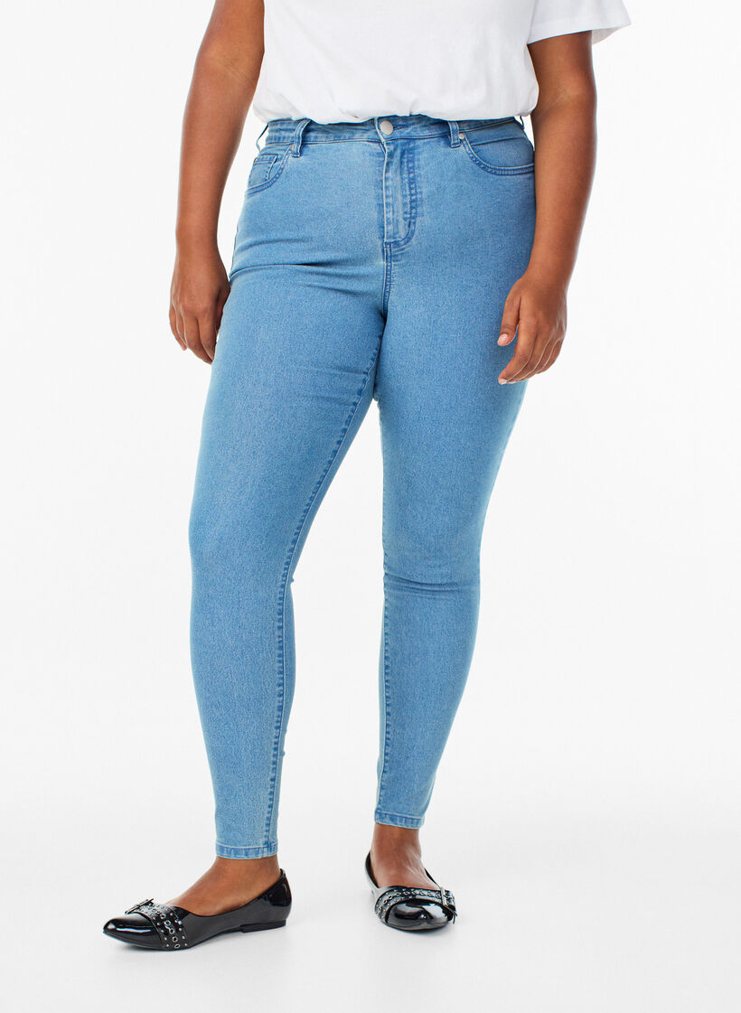 Jeansy super slim z wysokim stanem Amy, Niebieskie, Model image number 2