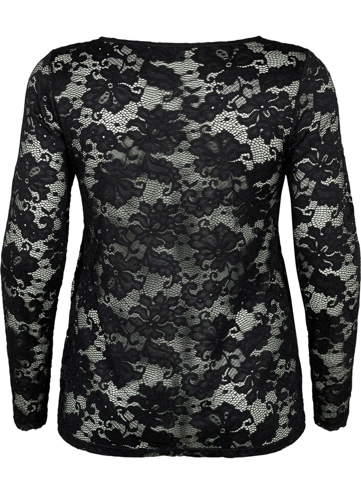 Koronkowa bluzka z dlugimi rekawami i dekoltem w szpic, Black, Packshot image number 1