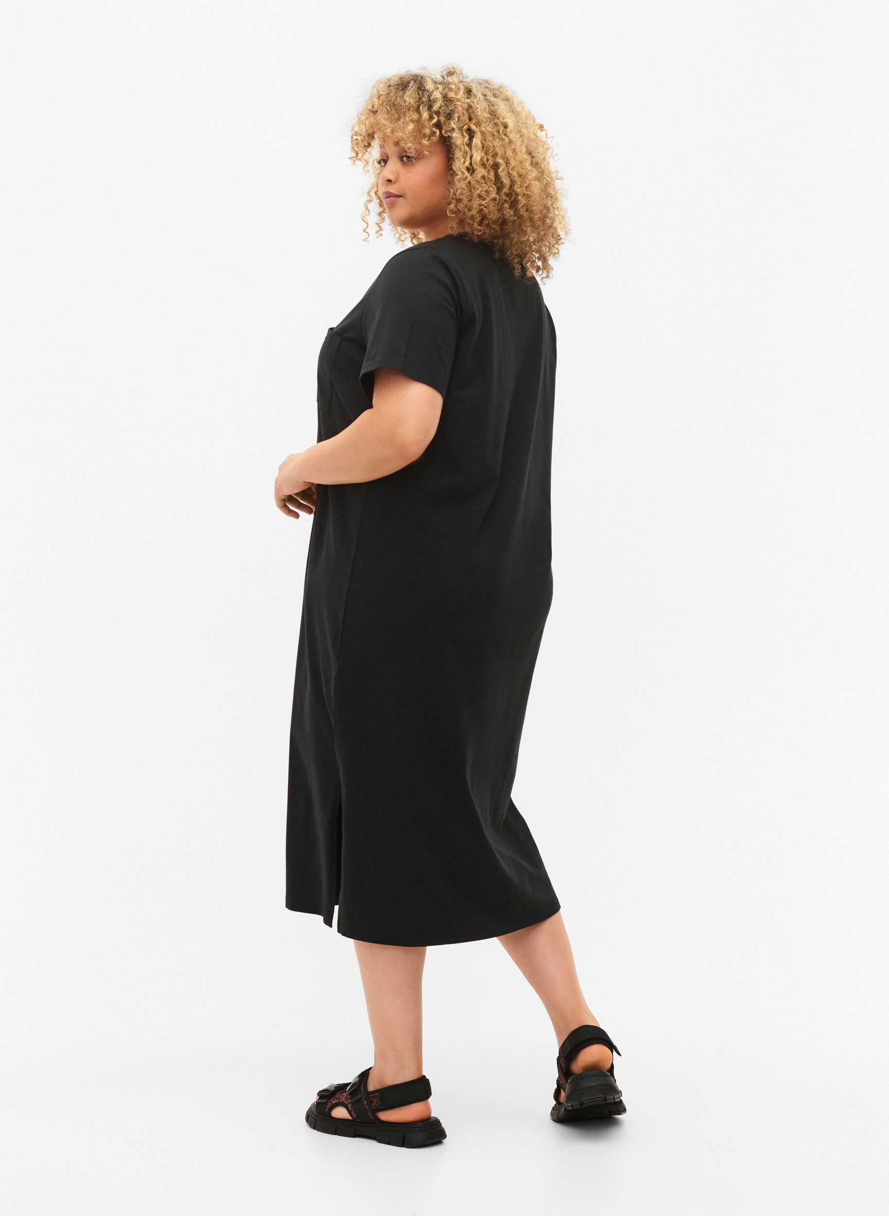 ZizziBawelniana sukienka z kr&oacute;tkimi rekawami i rozcieciem, Black, Model image number 1