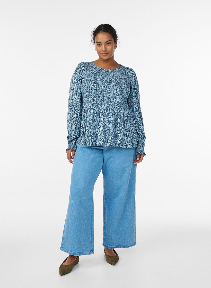 Bluzka z marszczonym stanikiem i nadrukiem kwiatowym, Niebieskie, Model image number 1