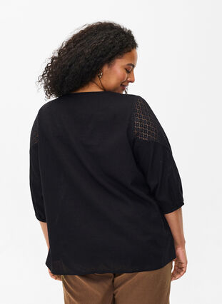 Bluzka z mieszanki bawelny z lnem i szydelkowymi detalami, Black, Model image number 1