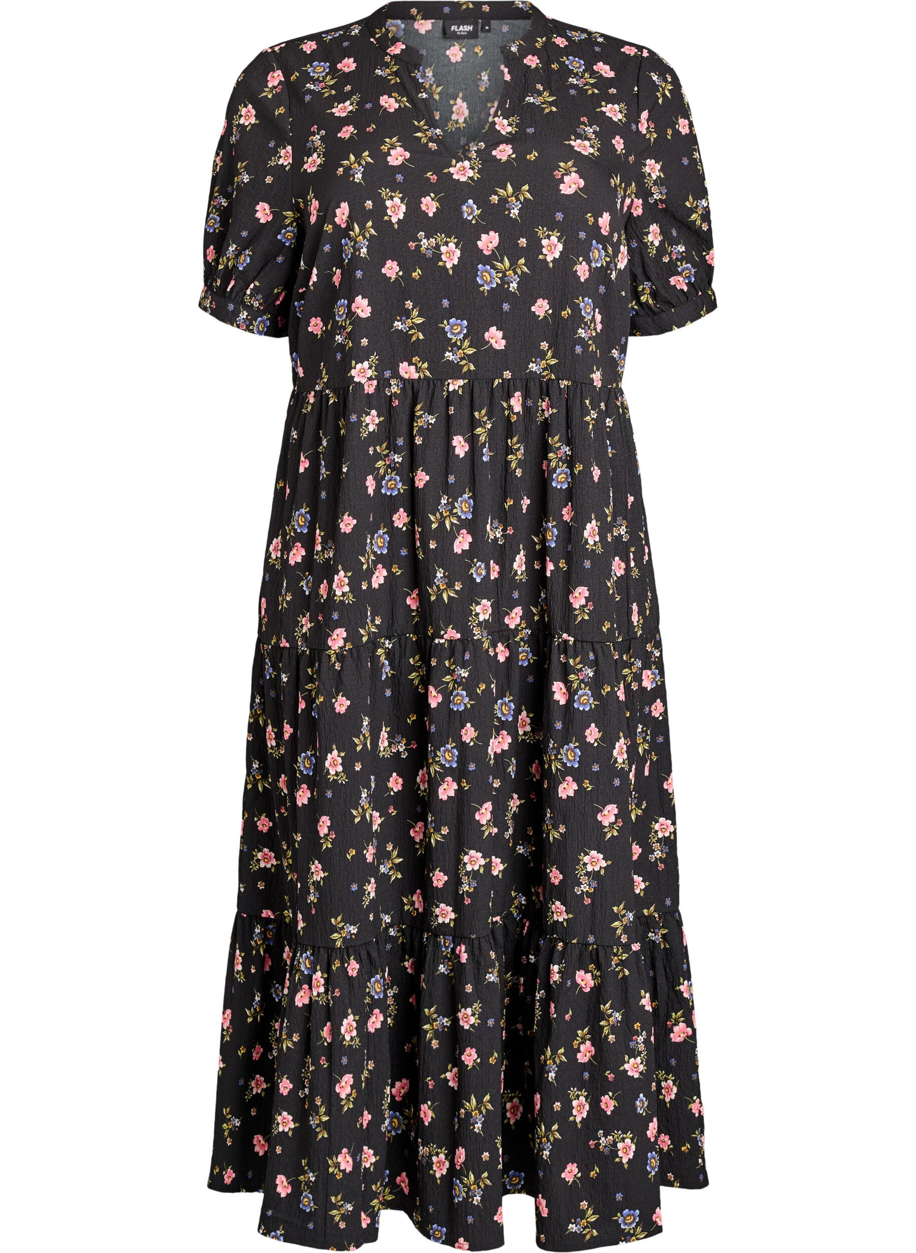 ZizziSukienka do kostek z kr&oacute;tkim rekawem i warstwowymi falbankami, Czarne, Packshot image number 0