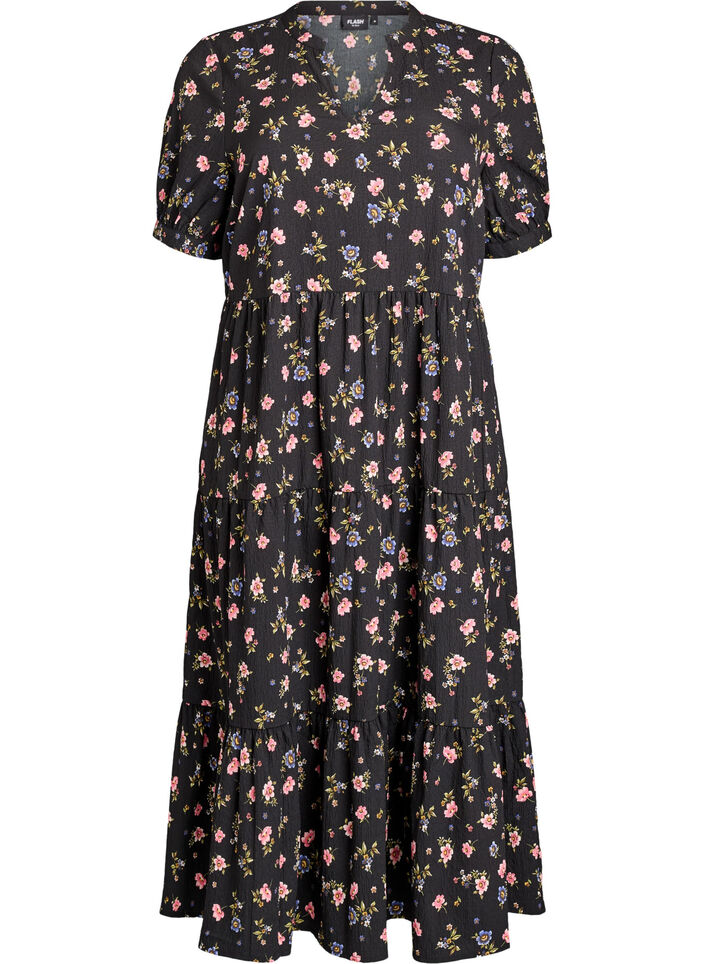 Sukienka do kostek z kr&oacute;tkim rekawem i warstwowymi falbankami, Czarne, Packshot image number 0