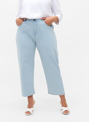 Proste jeansy do kostek w paski, Light Blue Stripe, Model image number 2