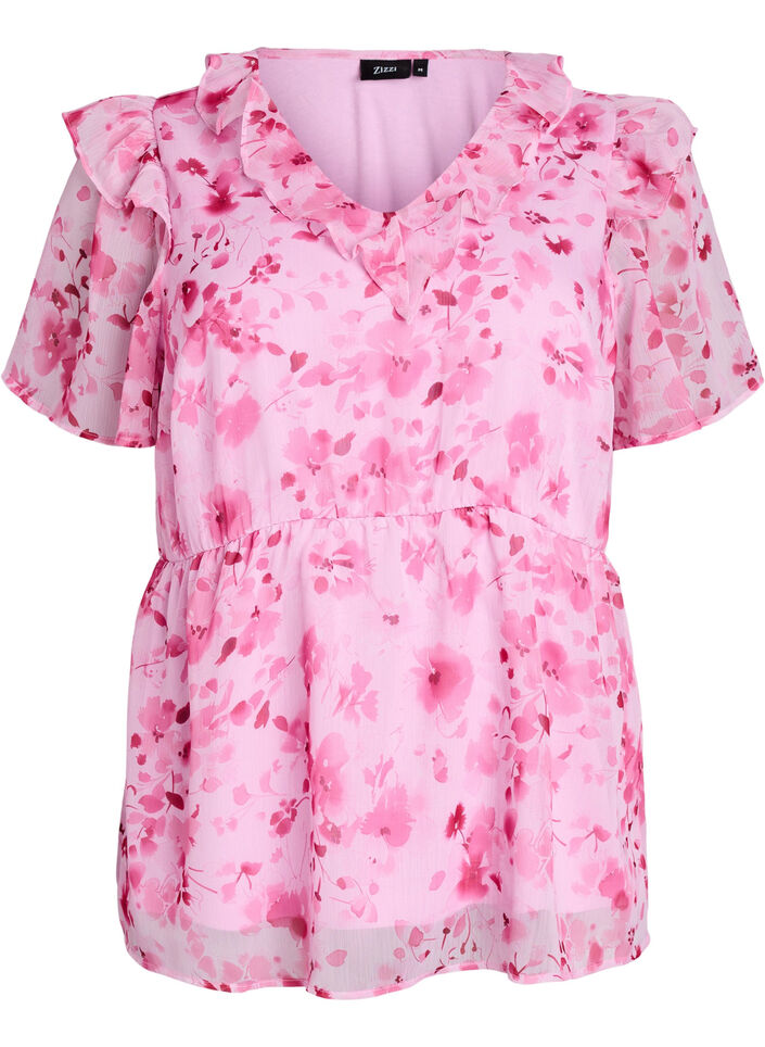 Bluzka z kwiatowym wzorem, z falbanka na kolnierzu i efektem peplum, R&oacute;żowy, Packshot image number 0