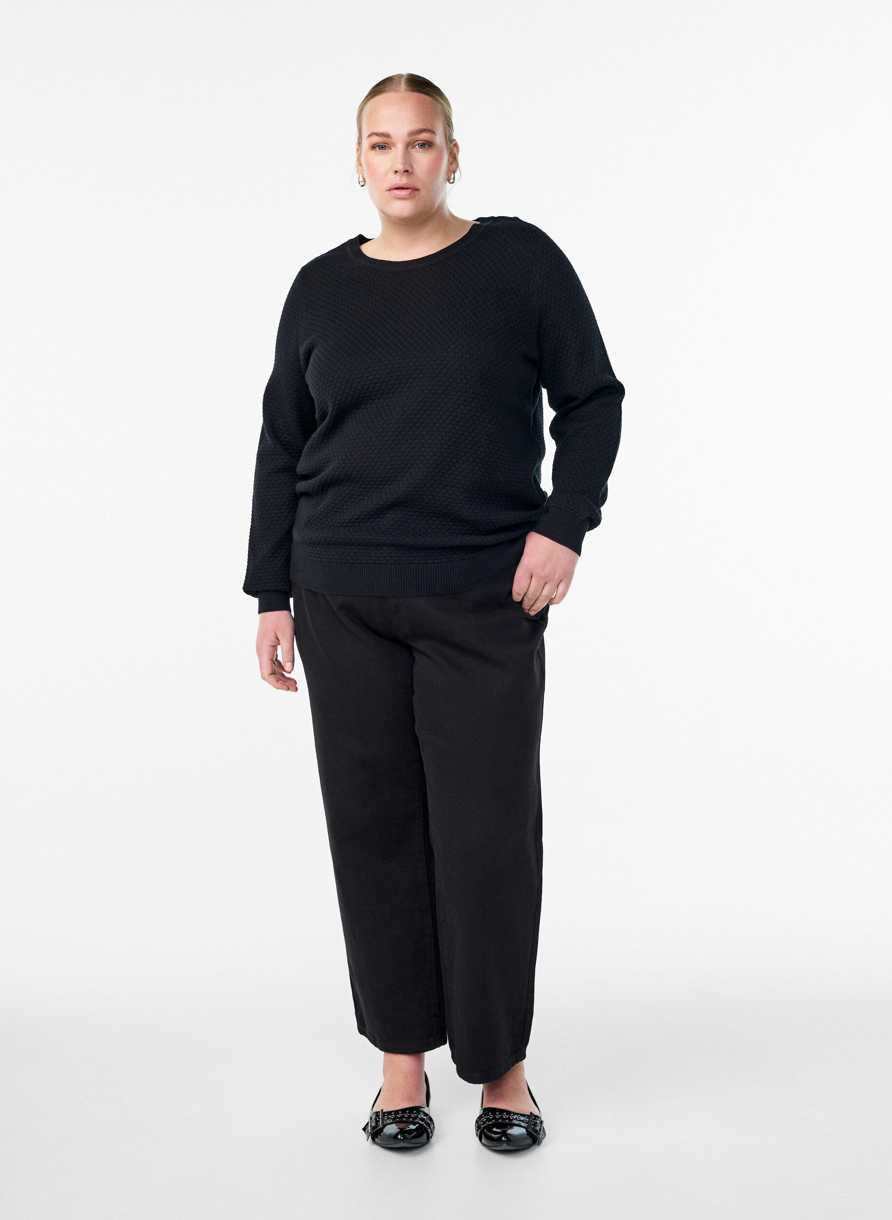 Zizzi Bluzka dzianinowa z bawelny z fakturowanym wzorem, Czarne, Model image number 1