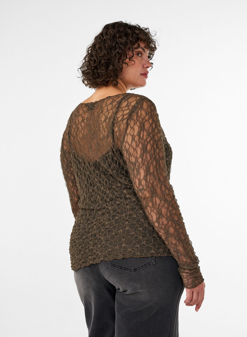 Bluzka siatkowana z wzorem i nicmi brokatowymi, Brązowy, Model image number 2