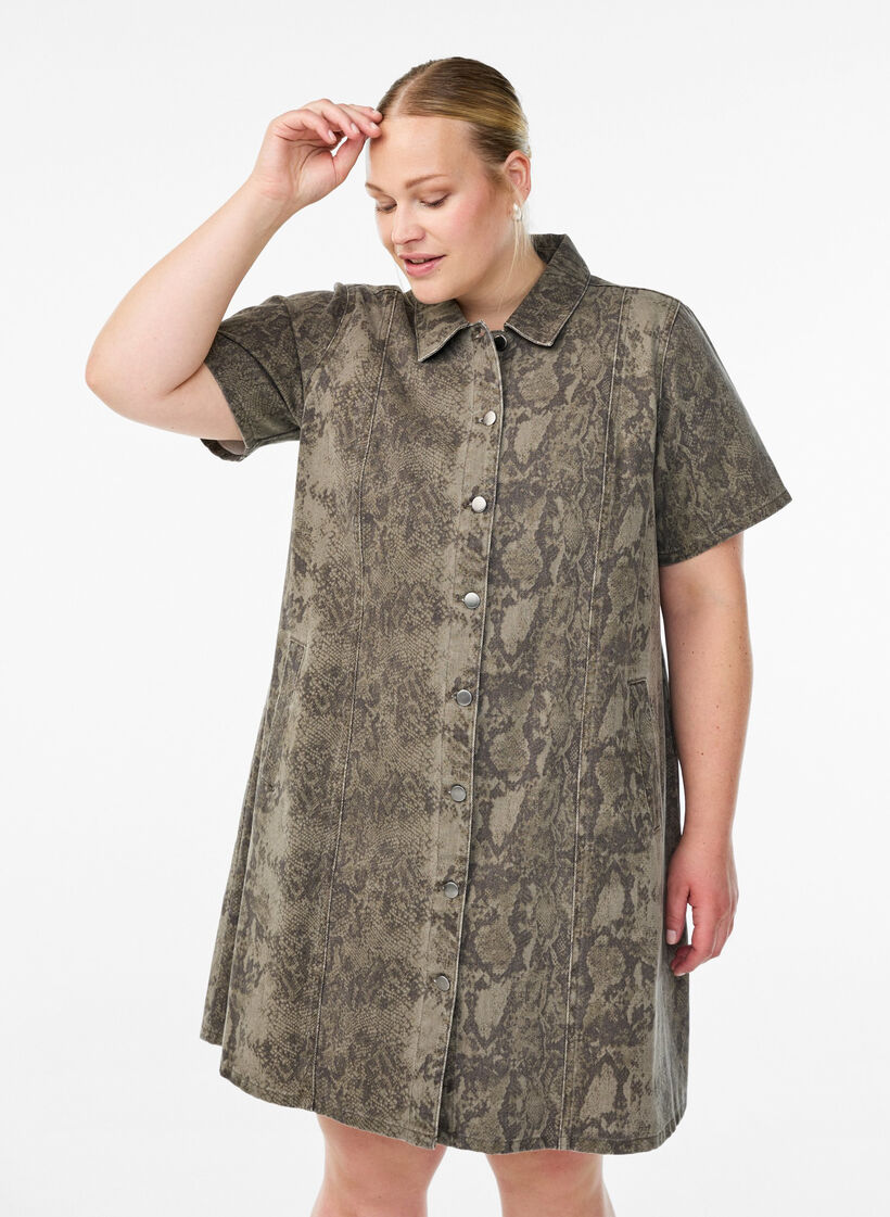 Krótka dzinsowa sukienki z wezowym wzorem, Brązowy, Model image number 1