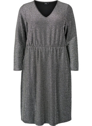 Brokatowa sukienka z dekoltem w szpic, Black Silver, Packshot image number 0
