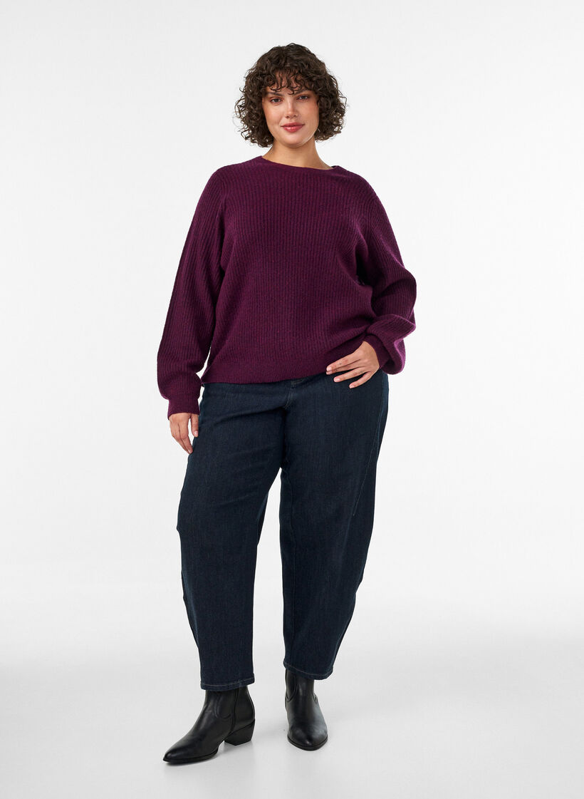 Sweter z ryfionymi rekawami w ksztalcie balon&oacute;w, Fioletowy, Model image number 1