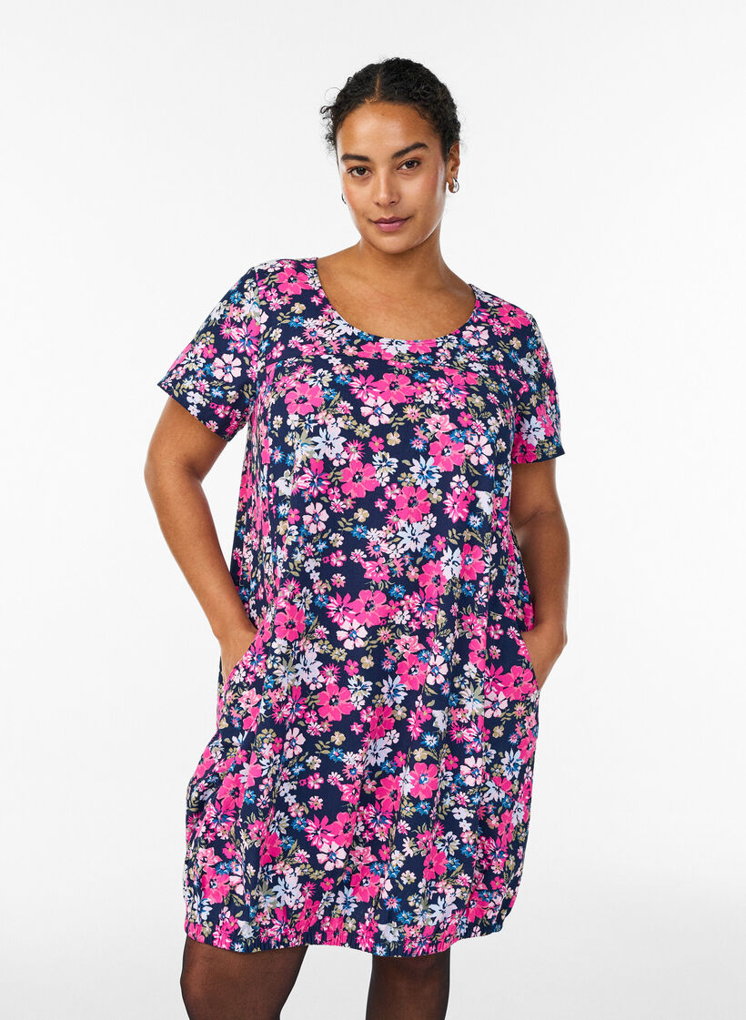 Bawelniana sukienka z kr&oacute;tkim rekawem i nadrukiem, Niebieskie, Model image number 0