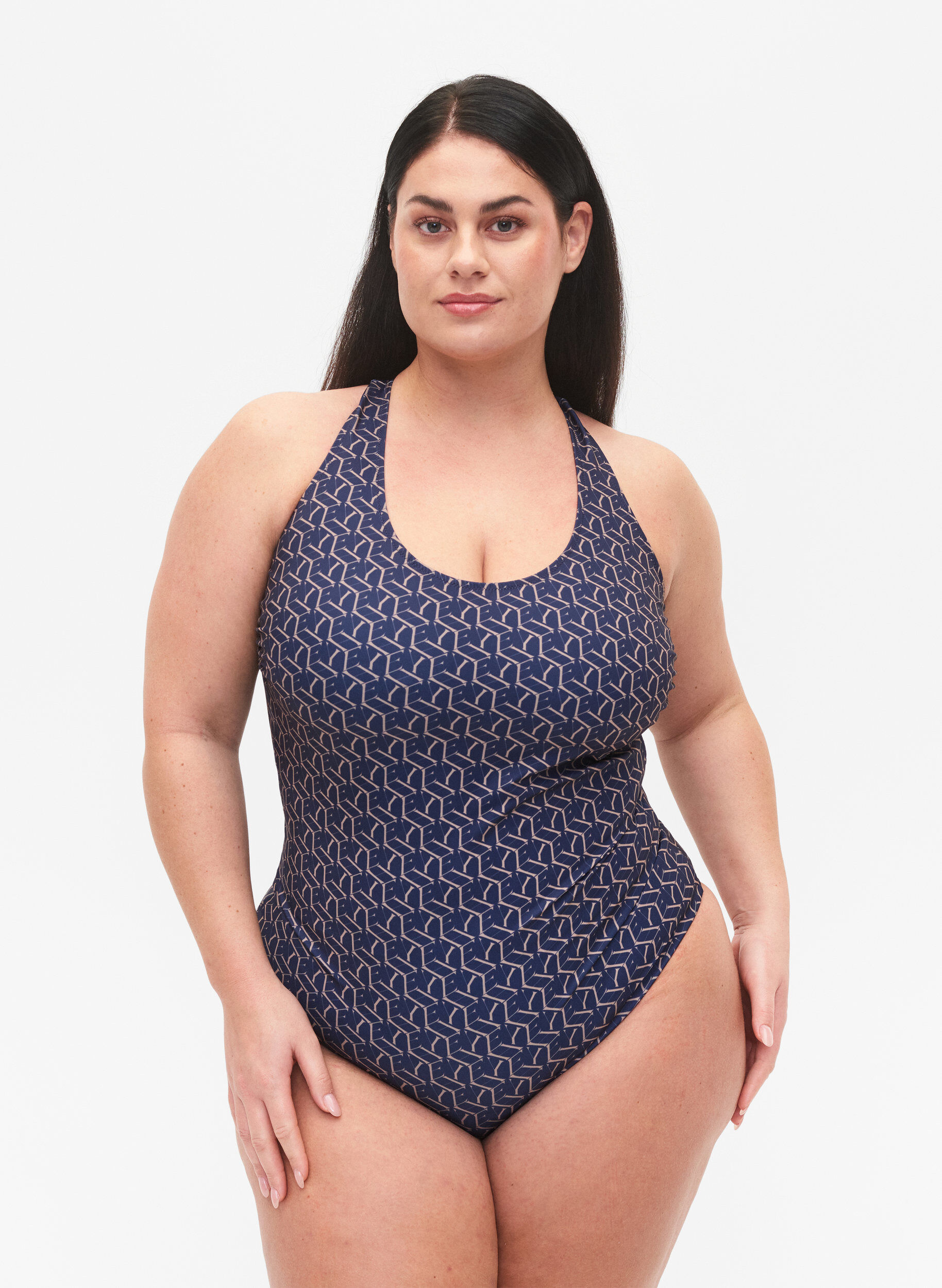 Zizzi Swimsuit with print and crossed back, Text Print, Model image number 0
