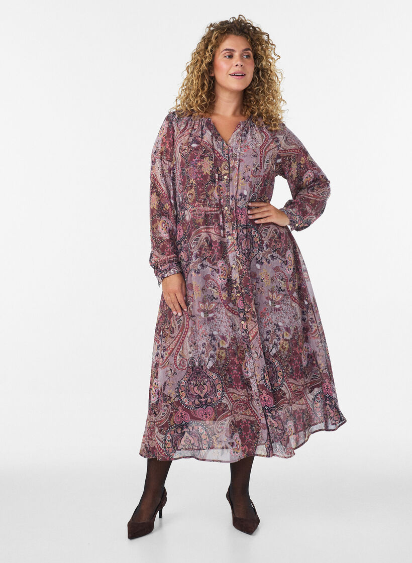 Sukienka midi z nadrukiem paisley i elastyczna talia, Fioletowy, Model image number 0