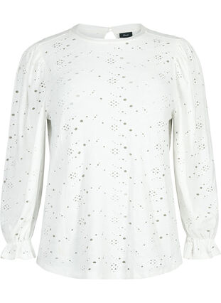 Bluzka z dlugim rekawem i dziurkowanym wzorem, Bright White, Packshot image number 0