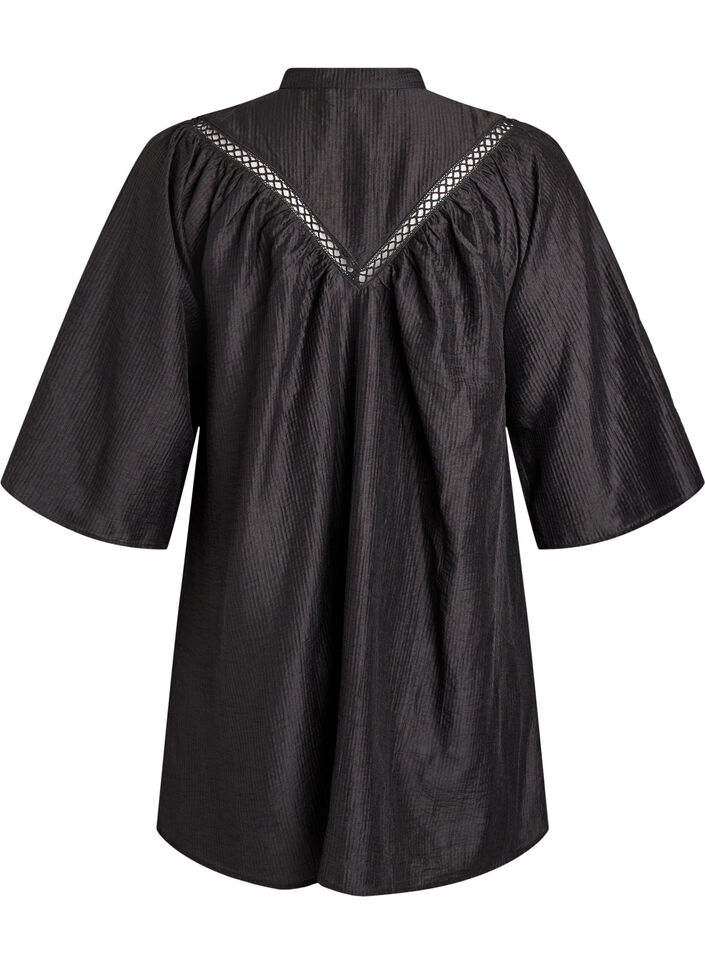 Tunika z koronkowymi wstawkami i prazkowana faktura, Czarne, Packshot image number 1