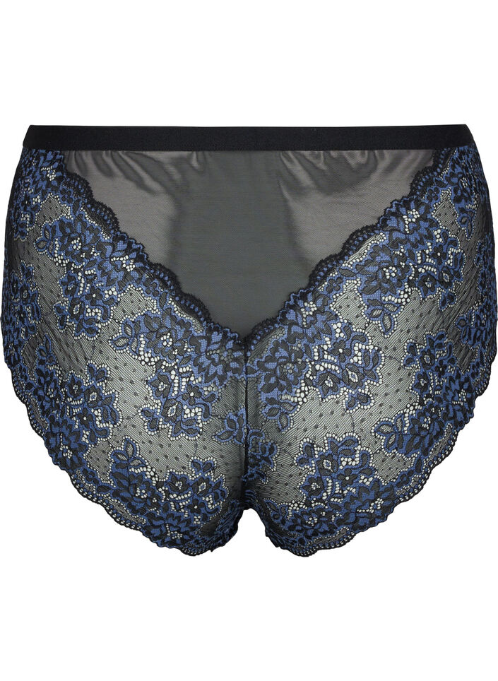 Koronkowe spodnie 3/4 z wysokim stanem, Black w. blue lace, Packshot image number 1