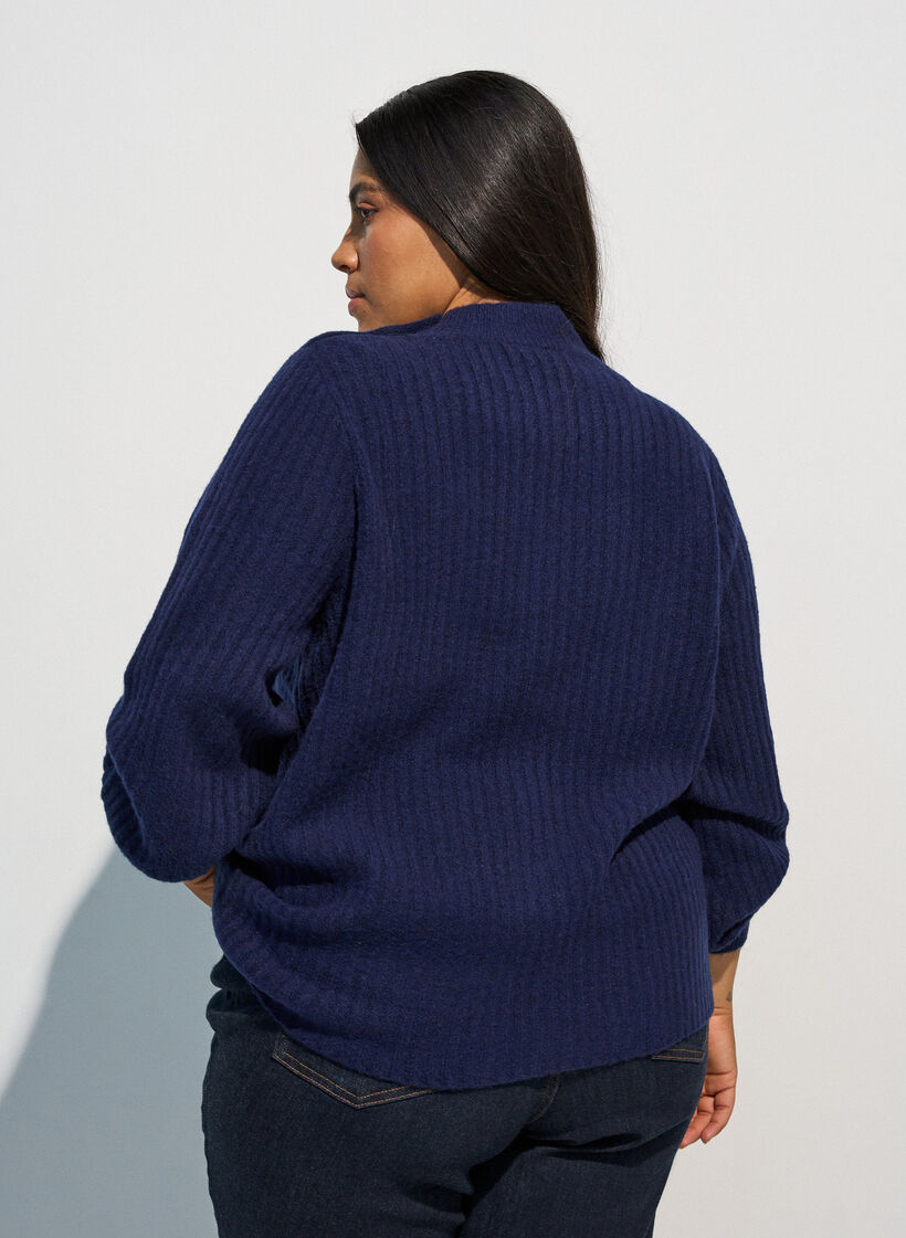 Prazkowany sweter z bufiastymi rekawami i guzikami, Niebieskie, Model image number 2