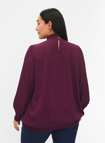 FLASH – brokatowa bluzka z dlugim rekawem i marszczeniami, Purple w. Silver, Model image number 1
