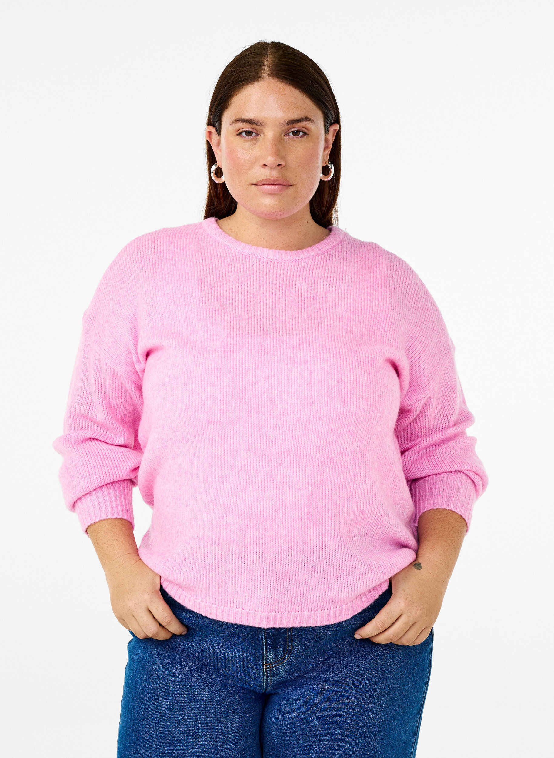 Zizzi Dzianinowy sweter z dodatkiem welny, z dlugim rekawem i okraglym dekoltem, Begonia Pink Mel., Model image number 0