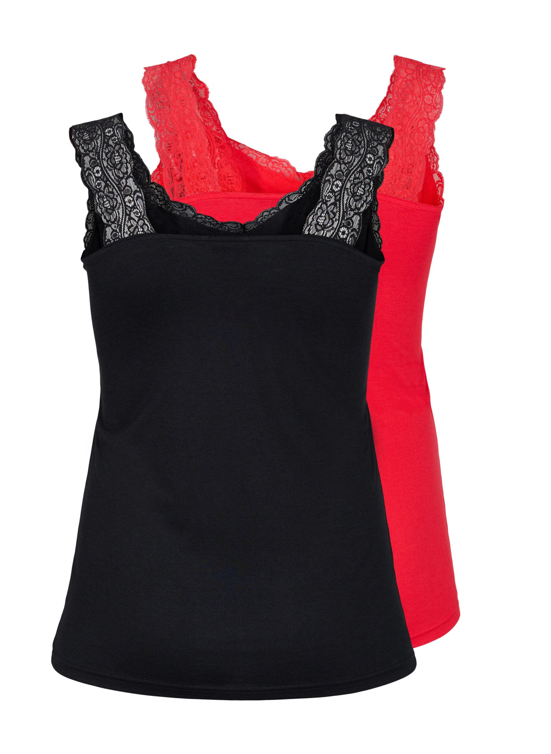 Zizzi 2-pack top with lace, Black/Chinese Red, Packshot image number 1