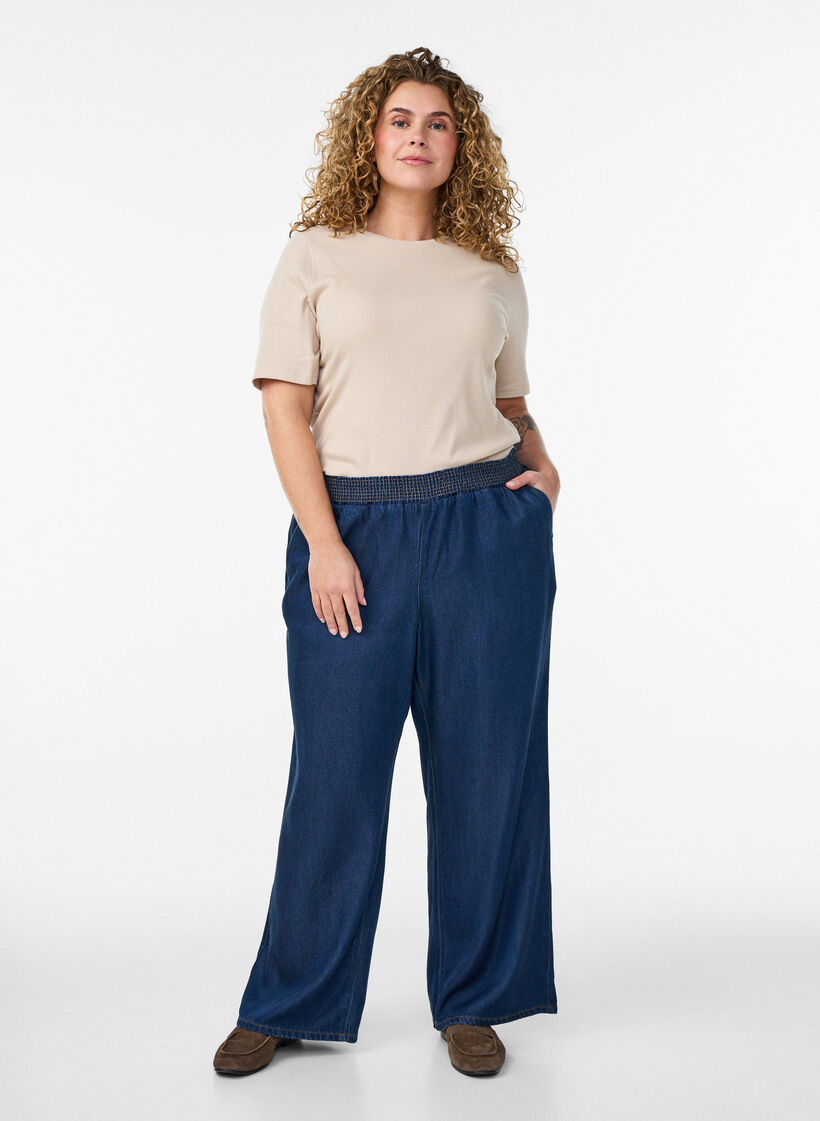 Podstawowa koszulka z okraglym dekoltem z rypsowym wzorem, Beżowy, Model image number 1