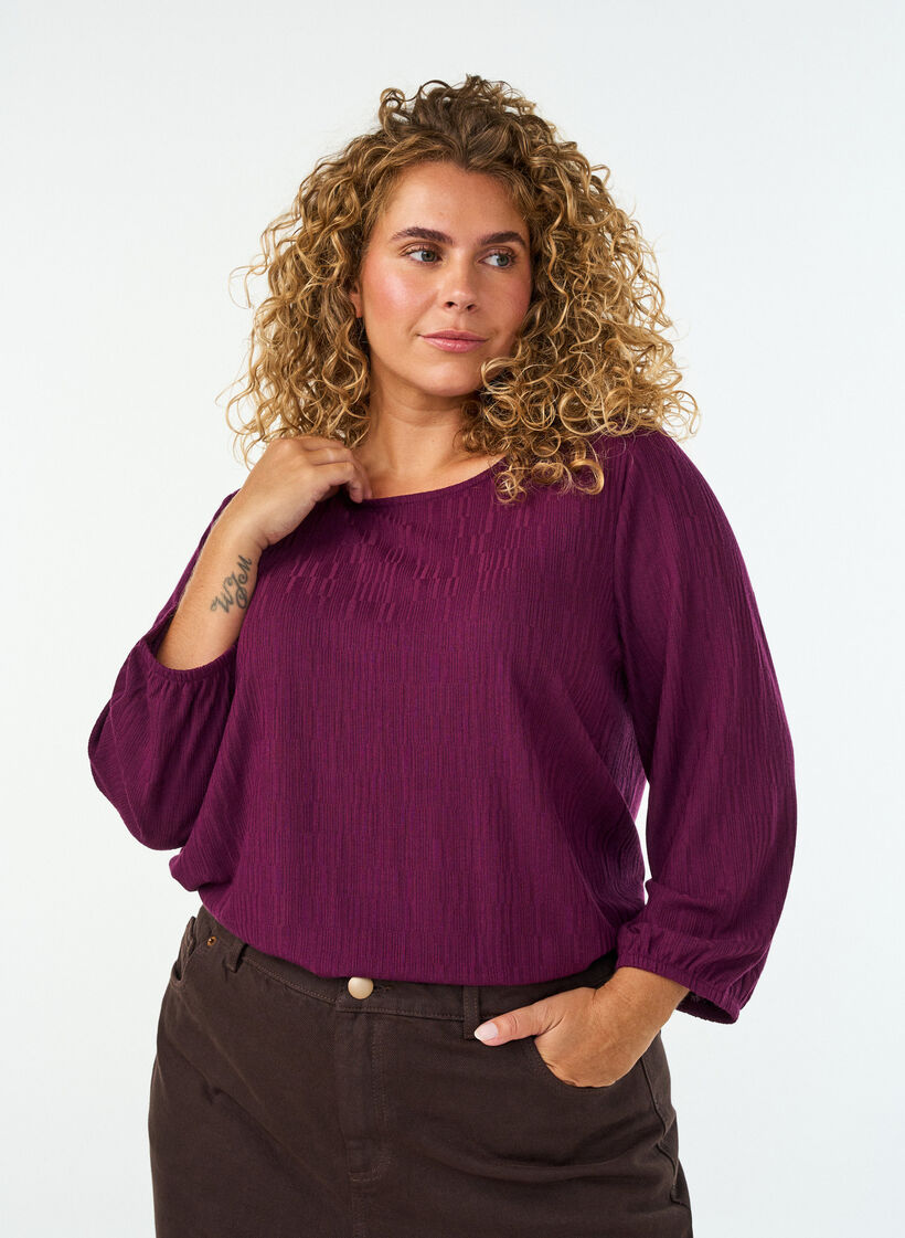 Bluzka z faktura i rekawami 3/4, Fioletowy, Model image number 0