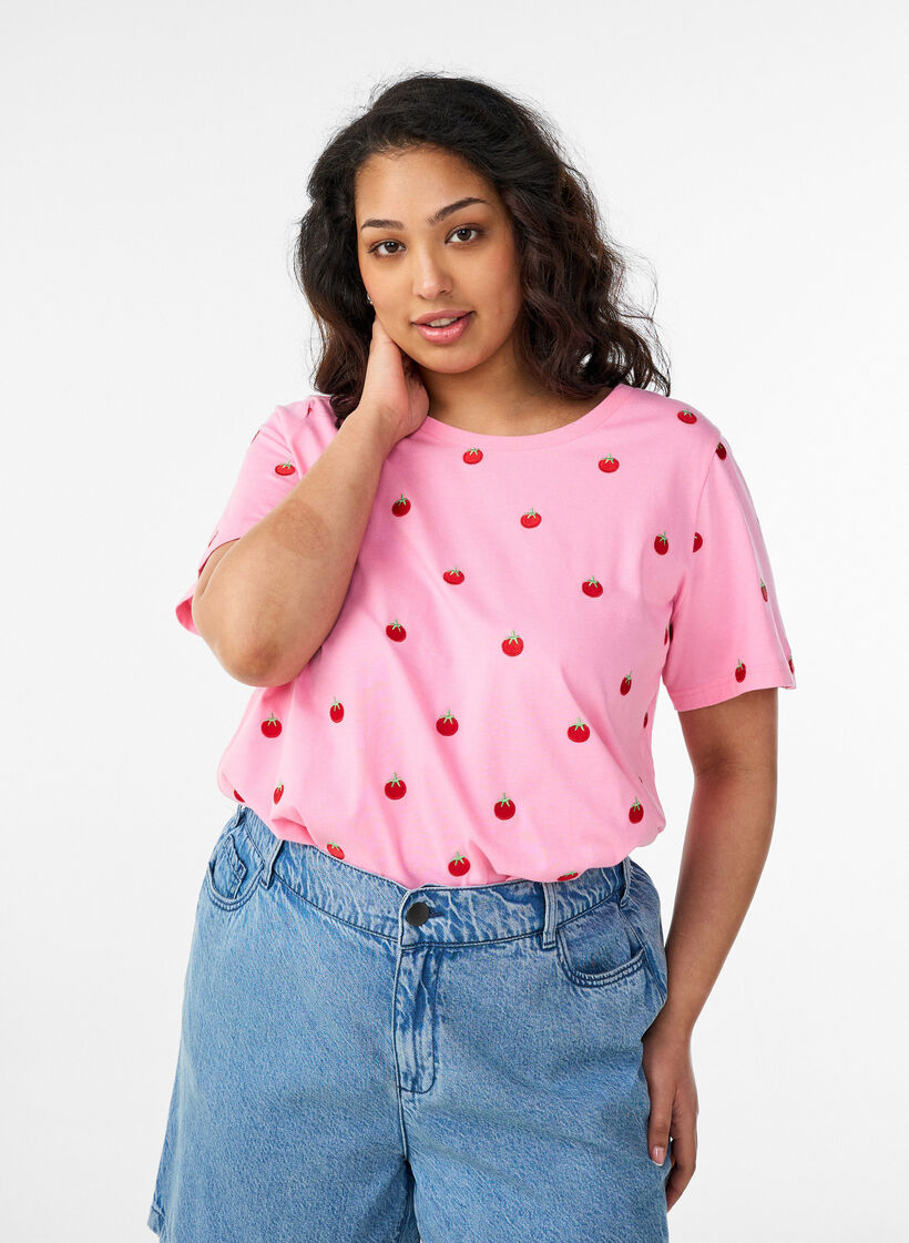 Koszulka z bawelny organicznej z haftowanymi motywami, R&oacute;żowy, Model image number 0