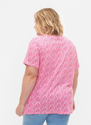 Bawelniana koszulka w kwiaty z dekoltem w serek, Shocking Pink AOP, Model image number 1
